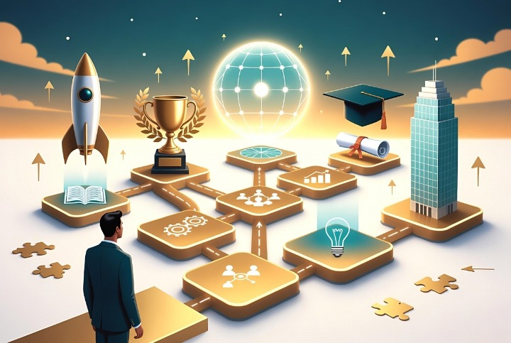 Illustration of a career path with milestones leading toward success