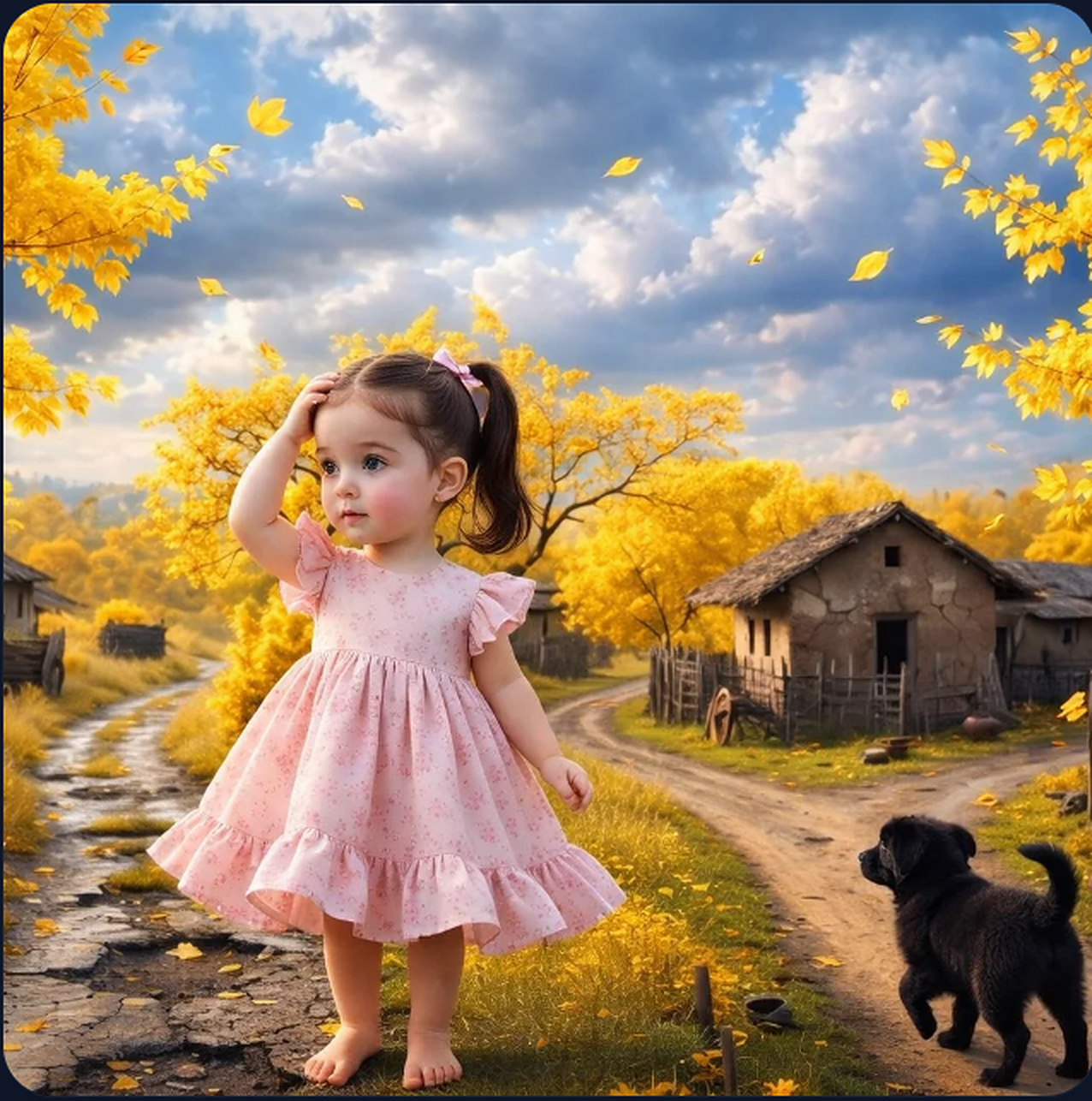 A young girl and her puppy on a village path lined with golden trees