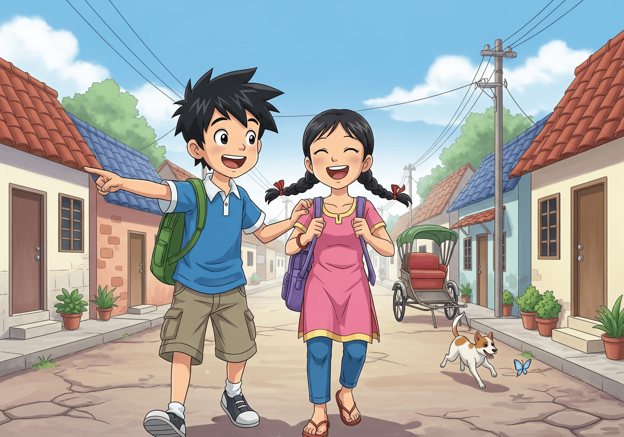 Cartoon friends in a neighbourhood setting representing the anime wave era