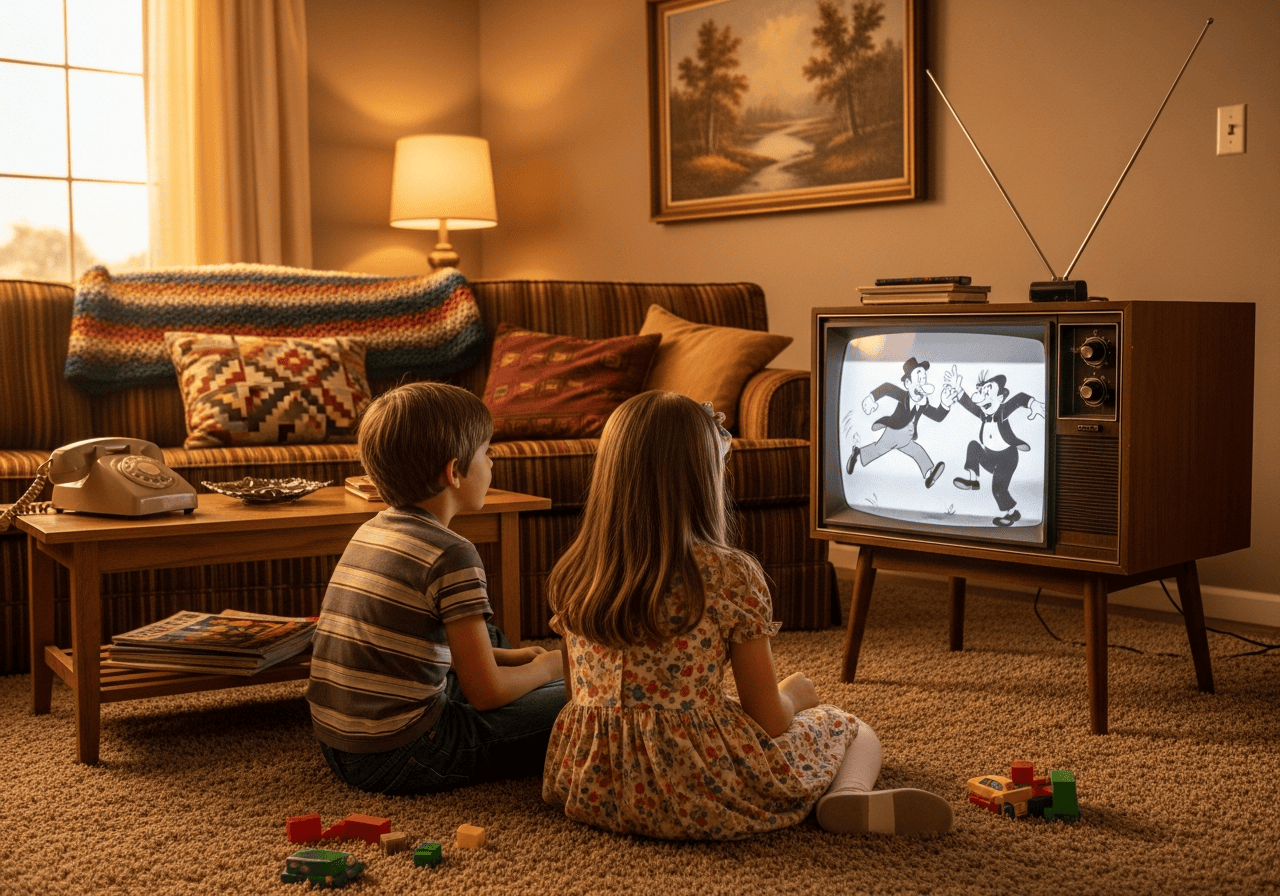 A retro living room with a vintage TV representing the golden era of cartoons