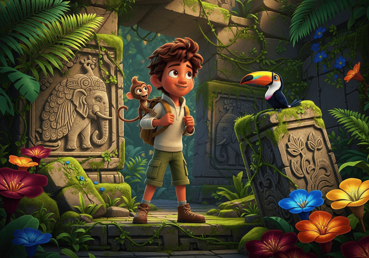 A young adventurer explorer in a jungle setting representing the modern era of animation