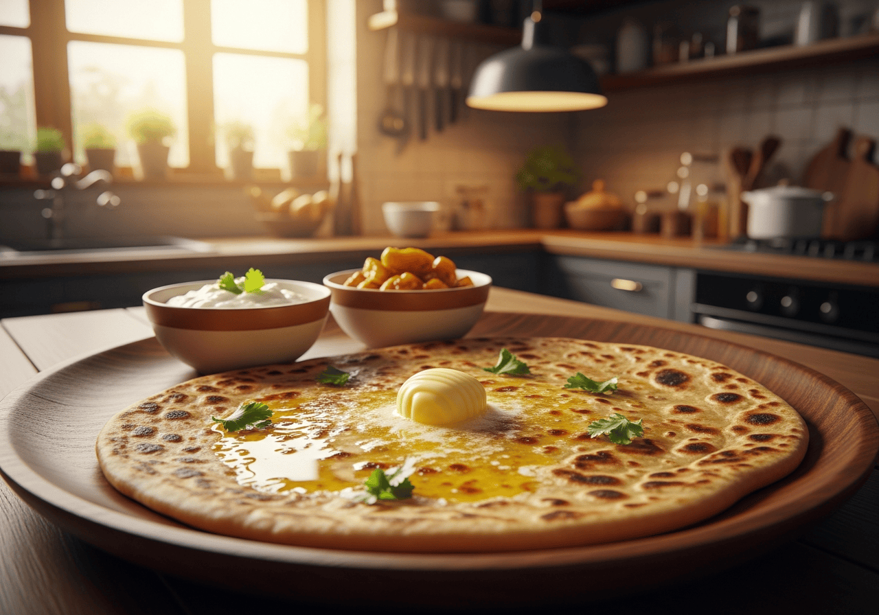 Parantha — Indian flatbread with butter and cilantro, served with side dishes