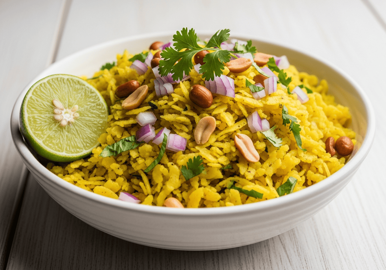 Poha — yellow flattened-rice dish with peanuts, onions, and cilantro