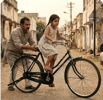 A father teaching his daughter to ride a bicycle on an old neighbourhood street