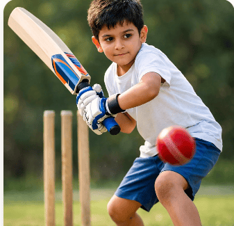 A young boy playing cricket, batting in a field