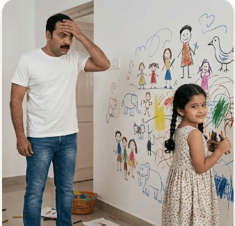A little girl painting on the wall while her father reacts in dismay