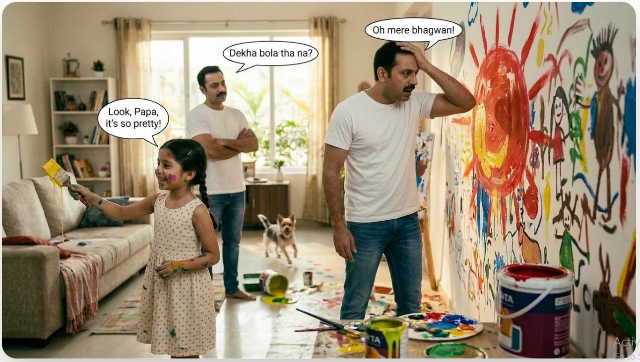 A little girl proudly shows her father the wall she painted while he reacts in shock